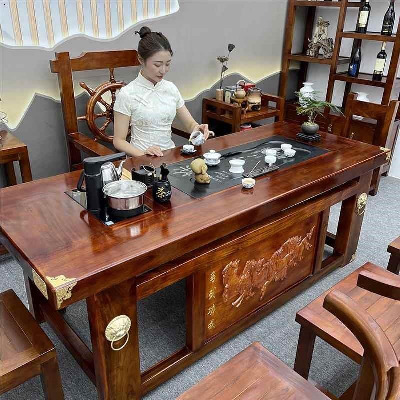老船木茶台新中式实木功夫茶几桌椅组合办公室家用一体高端泡茶桌