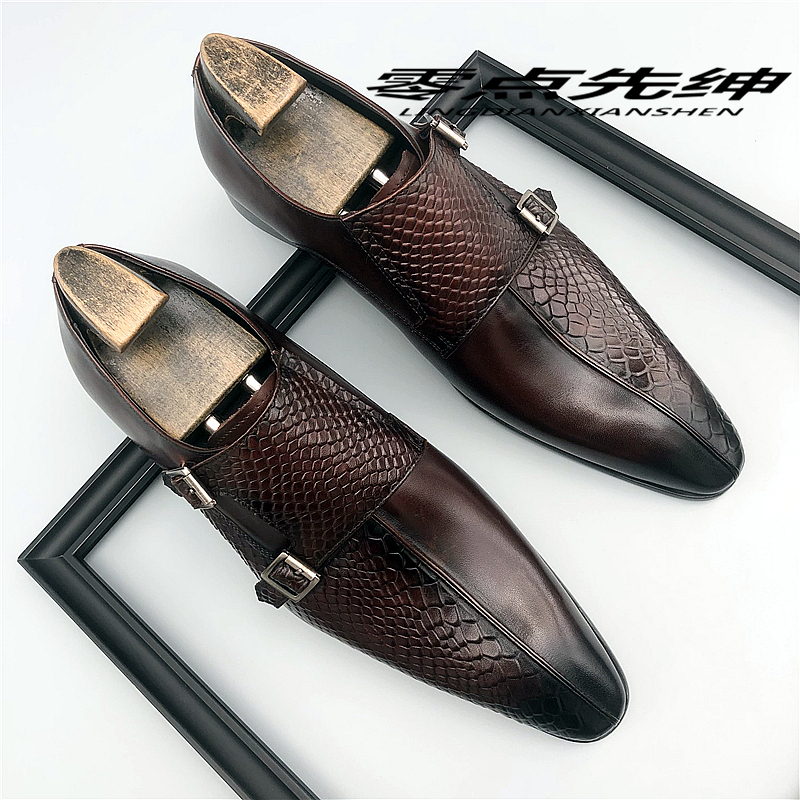 新款真皮尖头孟克鞋男搭扣商务正装皮鞋英伦风牛津鞋时尚发型师鞋