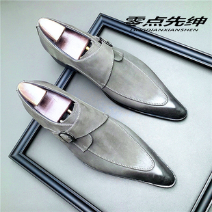 时尚甩尖子男士皮鞋牛反绒磨砂皮复古商务男鞋孟克鞋礼服演出皮鞋