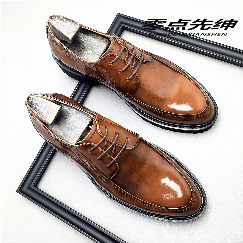 新款高端手工皮鞋系带商务正装休闲皮鞋开边珠亮皮厚底新郎结婚鞋