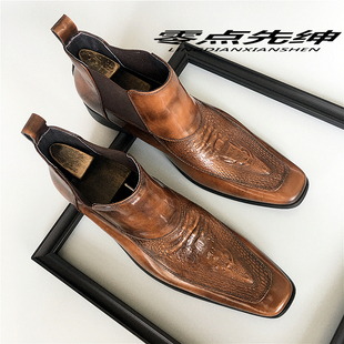 高端立体鳄鱼纹真皮高帮皮鞋男个性套筒短靴英伦马丁靴潮流牛皮靴