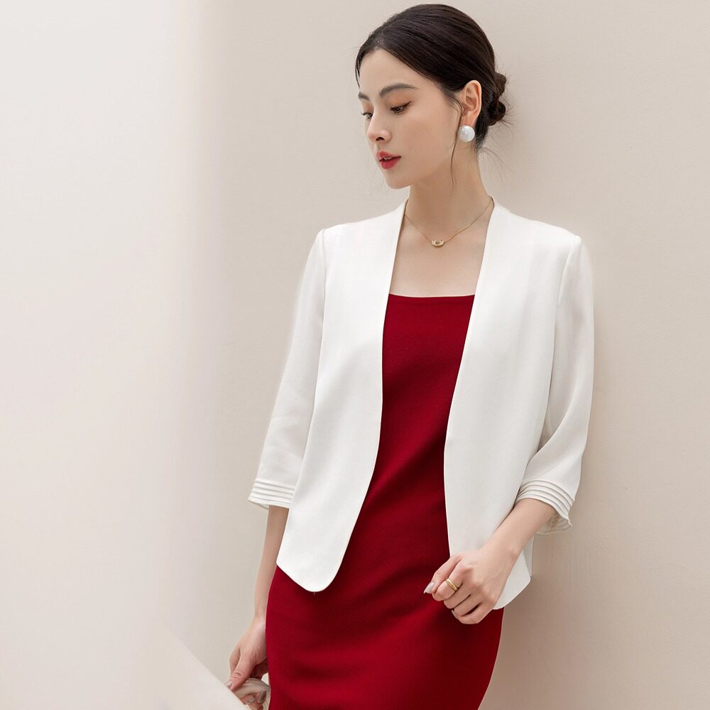 2026夏纯色醋酸西装外套女高级感五分袖无领百搭短款小西服