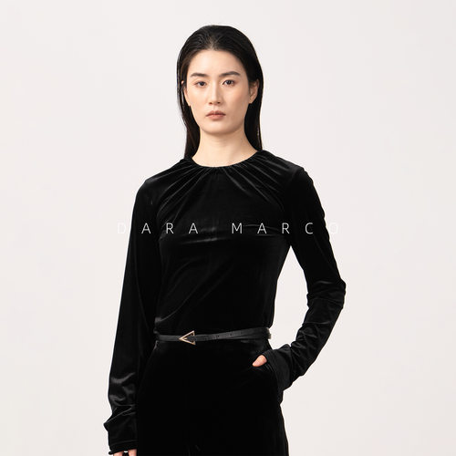 柜上2.9K/高弹力/柔软亲肤/TOT黑色褶领修身长袖上衣春丝绒衬衫女