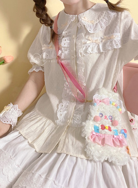 小点点纯棉lolita内搭甜呲短袖木耳花边大翻领可爱中古洛丽塔衬衫