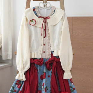 荷叶边少女可爱 软妹长袖 蝴蝶结镂空Lolita毛衣开衫 复古针织jk开衫