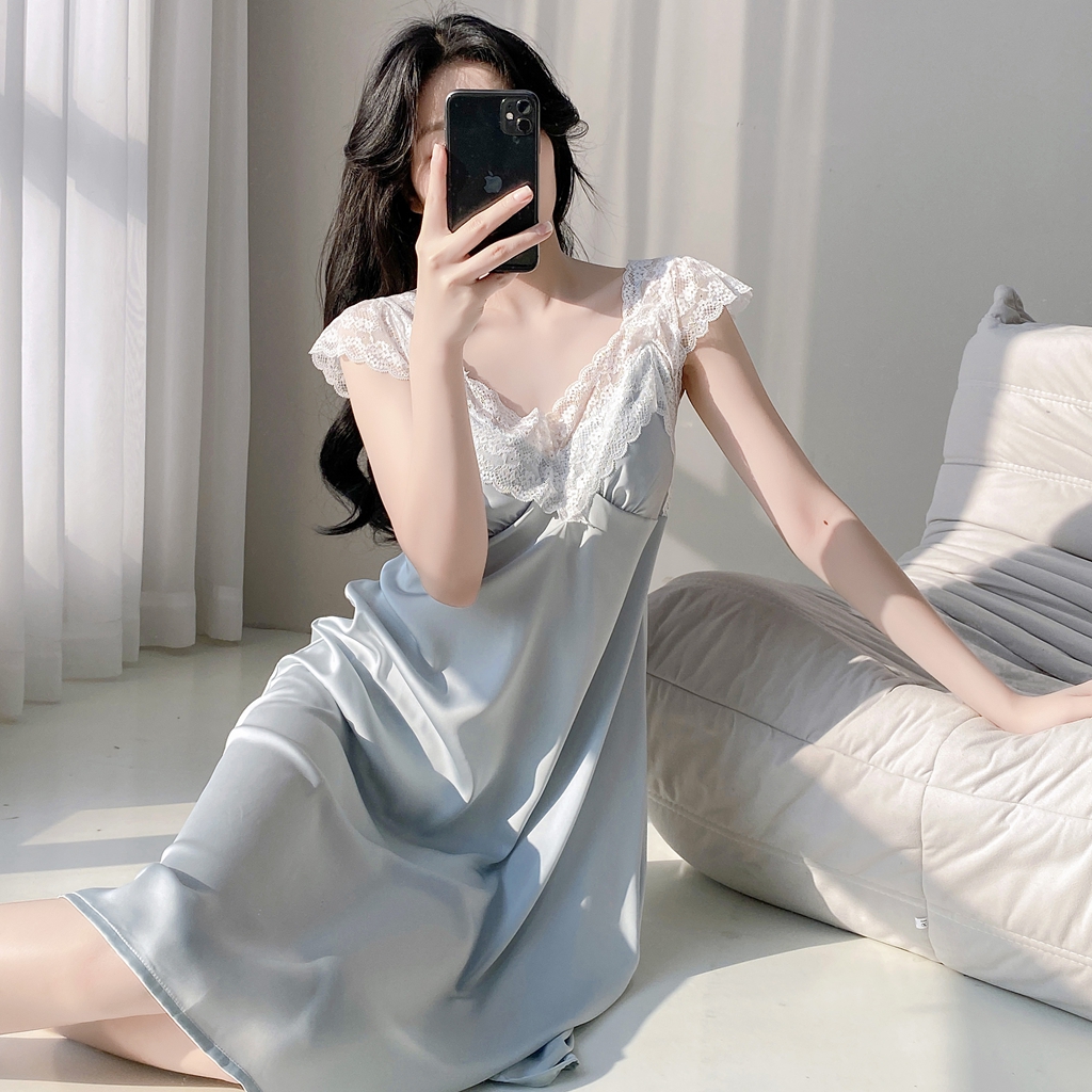 法式性感睡衣女春夏季冰丝薄款蕾丝吊带睡裙纯欲风御姐带胸垫长裙