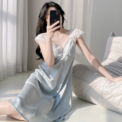 法式性感睡衣女春夏季冰丝薄款蕾丝吊带睡裙纯欲风御姐带胸垫长裙
