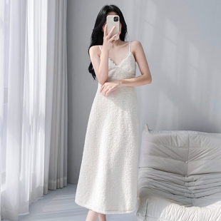 带胸垫吊带睡裙长裙加绒珊瑚绒 新款 性感睡衣女款 纯欲风2025秋冬季