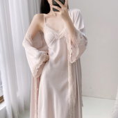 夏季 性感长款 吊带胸垫睡衣女2025春秋新款 睡袍晨袍冰丝睡裙两件套