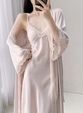 性感长款吊带胸垫睡衣女2025春秋新款夏季睡袍晨袍冰丝睡裙两件套