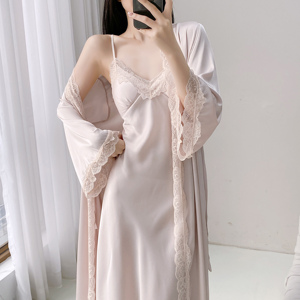 性感长款吊带胸垫睡衣女2025春秋新款夏季睡袍晨袍冰丝睡裙两件套