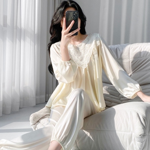 法式性感睡衣女款独特绝美冰丝纯欲2026春季新款蕾丝长袖长裤漂亮