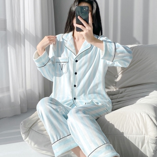 维家蓝色条纹海岛绒睡衣女冬季双面加绒加厚保暖长袖家居服两件套
