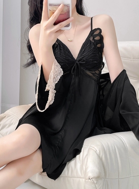 睡衣女夏冰丝纯欲性感蕾丝高级感吊带睡裙带胸垫薄款显瘦两件套装