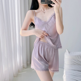 绝美性感睡衣女款冰丝纯欲2026夏季新款蕾丝带胸垫吊带短裤家居服