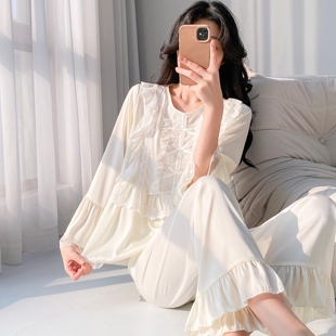 绝美睡衣女士冰丝2026春秋季新款独特漂亮出门长袖长裤蕾丝家居服