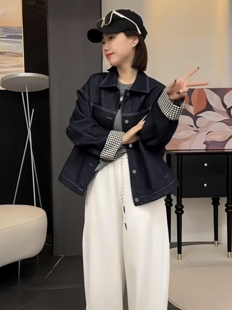 短款牛仔外套女春秋季2025新款高级感显瘦百搭小个子翻领夹克上衣