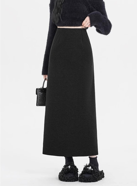 黑色直筒半身裙女春季2025新款高腰a字毛呢裙子小个子包臀长裙