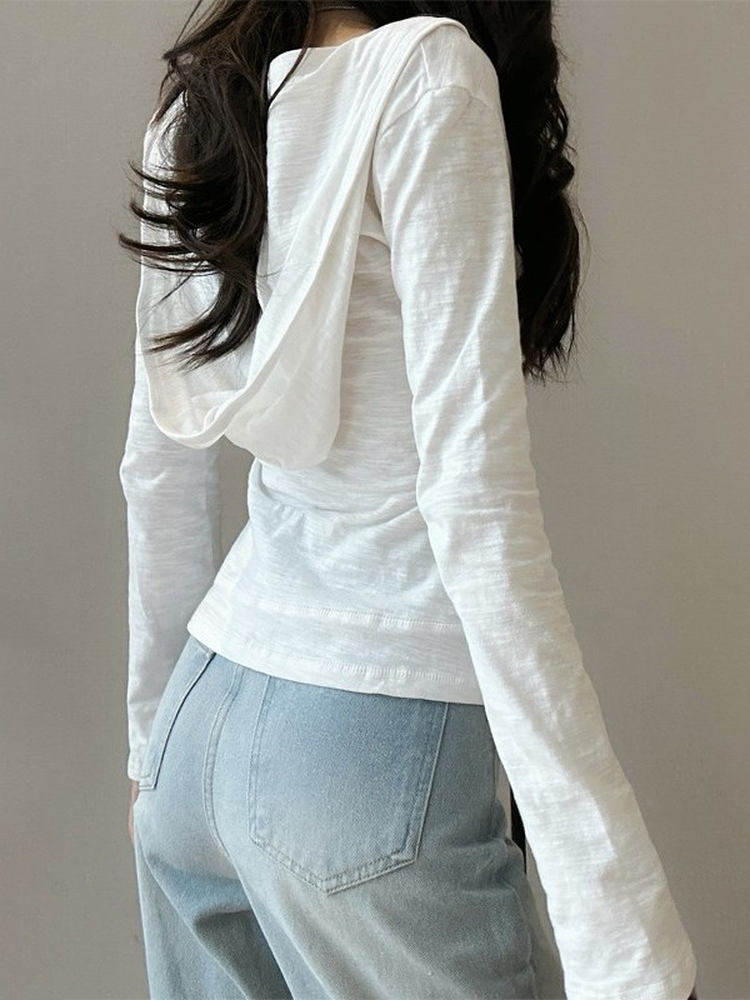 白色连帽长袖t恤女2025新款辣妹设计感拉炼开衫上衣早秋薄款外套