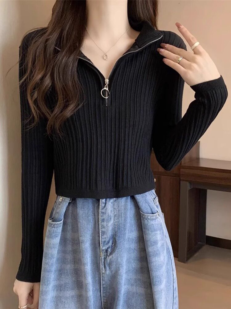 针织衫女春秋2025新款洋气小个子短款毛衣修身内搭半拉炼打底上衣
