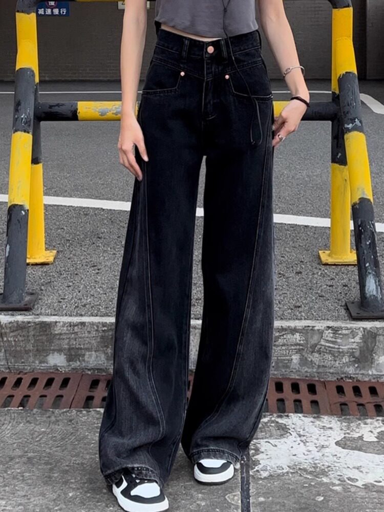 黑色阔腿牛仔裤女春秋2025年新款拼接高腰显瘦小个子宽松直筒裤子