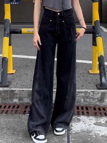 黑色阔腿牛仔裤女春秋2025年新款拼接高腰显瘦小个子宽松直筒裤子