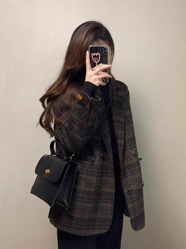覆古格子毛呢西装外套女秋冬2025新款大码高级感气质休闲呢子大衣