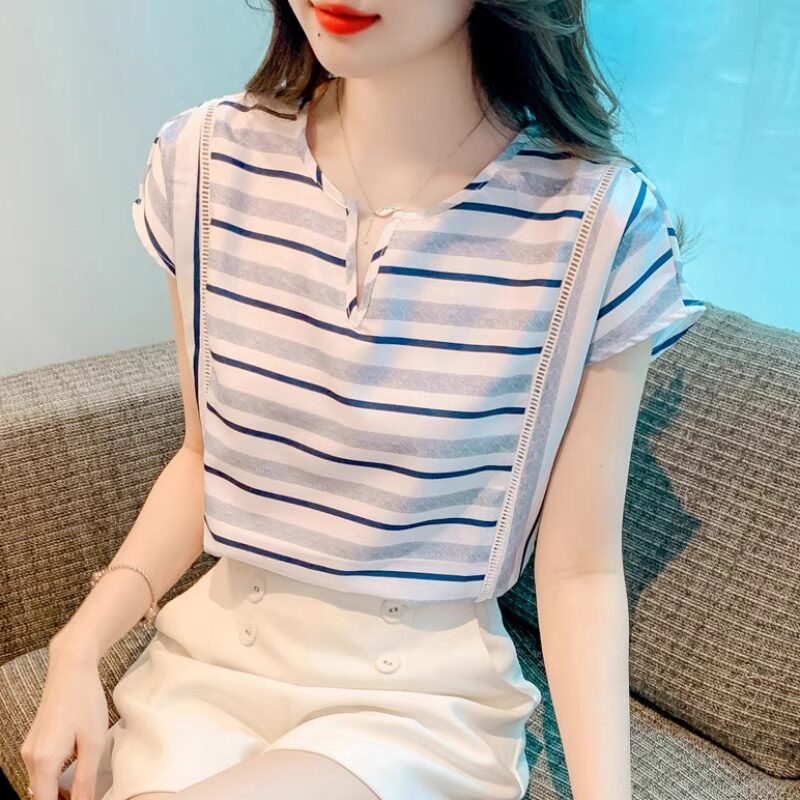 条纹雪纺衫女夏季2025新款宽松显瘦时尚撞色设计感V领短袖T恤上衣