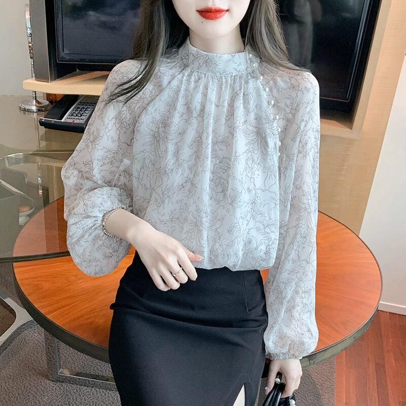 碎花雪纺衬衫女长袖春秋2025新款宽松气质设计感小衫立领钉珠上衣