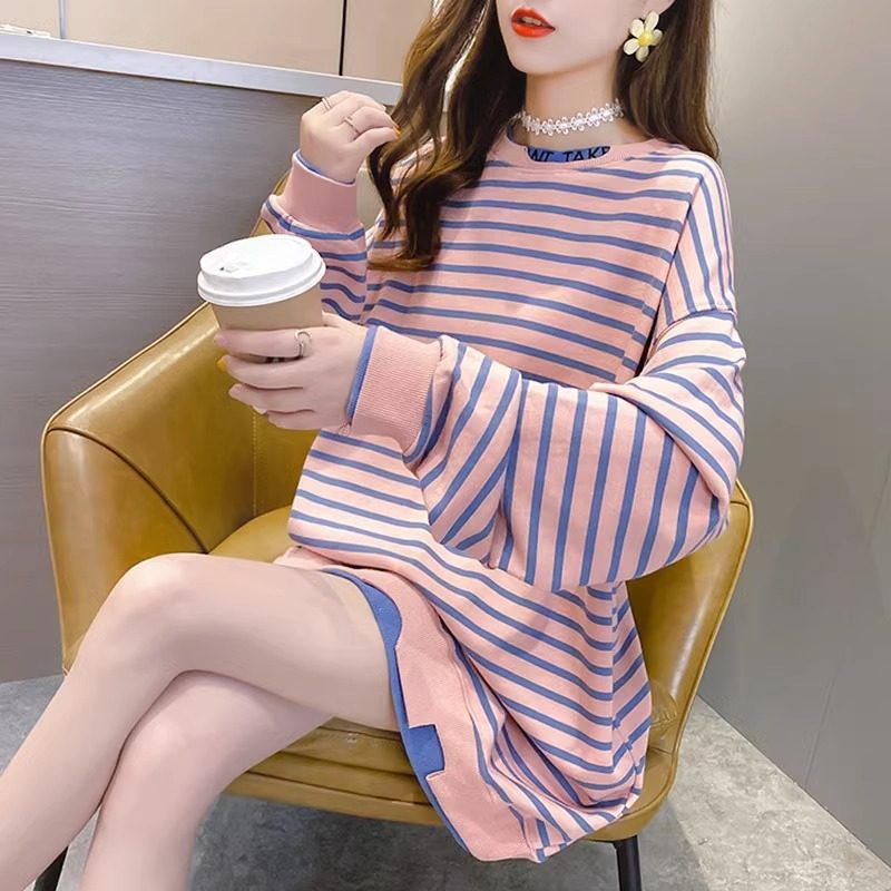 条纹卫衣女春秋中长款2025新款韩版宽松大码慵懒风纯棉假两件上衣