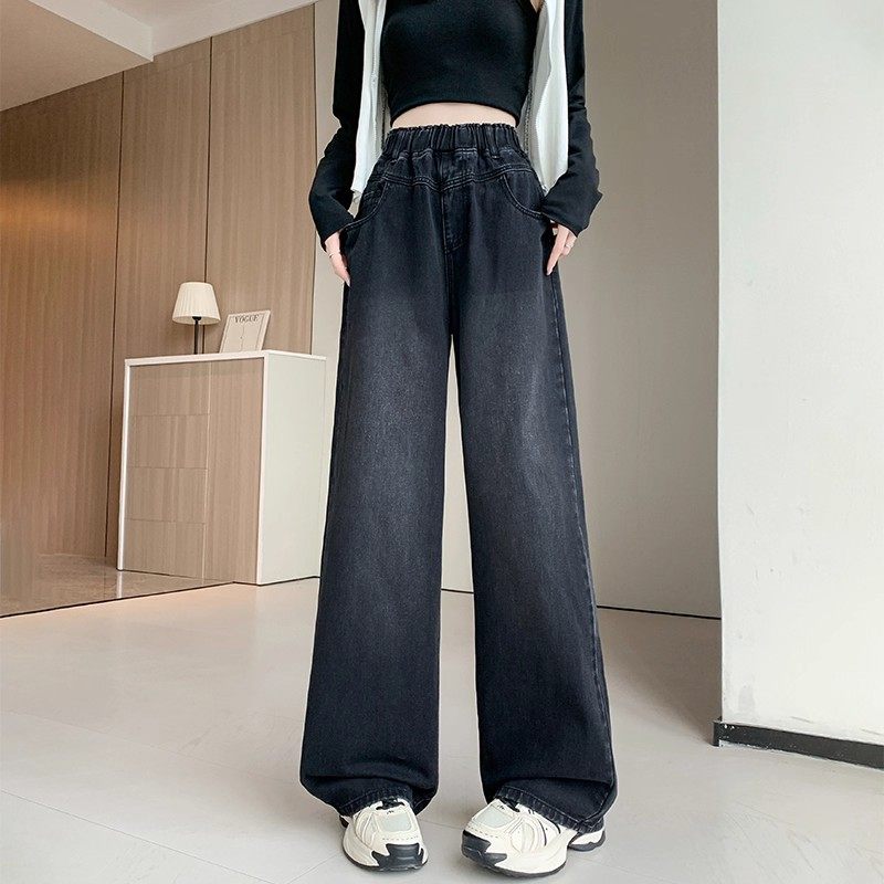 黑色牛仔裤女春秋2025新款大码高腰宽松直筒裤显瘦松紧腰阔腿裤子