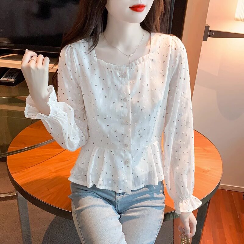 波点雪纺衬衫女秋季2026新款宽松收腰遮肚小衫设计感短款长袖上衣