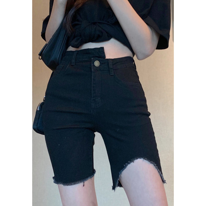 黑色牛仔短裤女夏季薄款2024年新款高腰修身显瘦直筒破洞五分中裤
