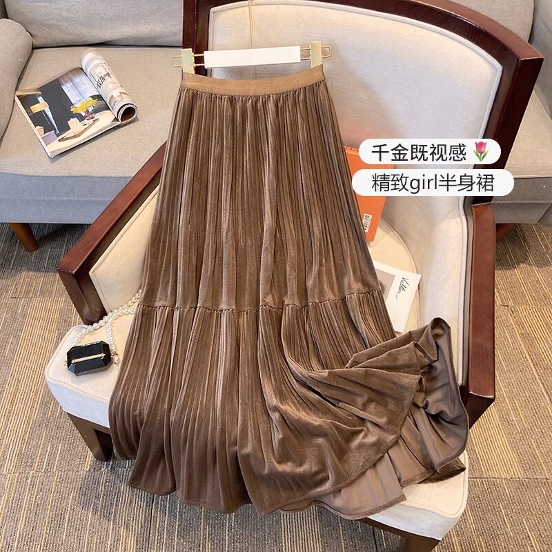 金丝绒半身裙女秋冬2025新款复古高级感小个子高腰a字百褶长裙子