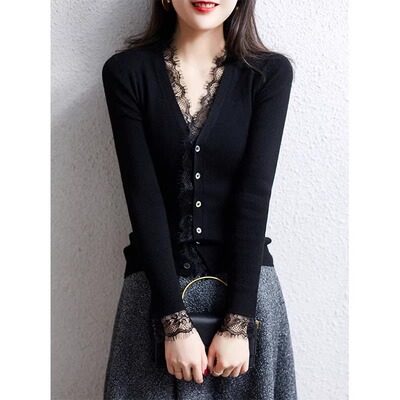 蕾丝针织开衫女春秋2025新款时尚洋派内搭修身V领长袖内搭衣上衣
