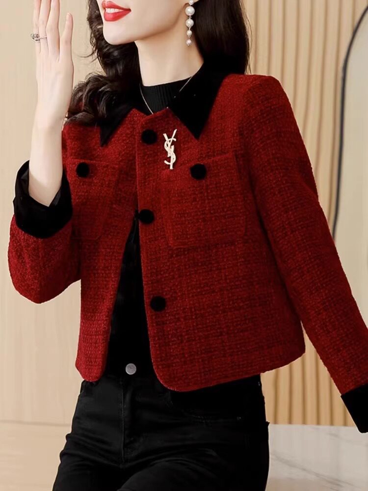 红色毛呢外套女春秋2025新款高级感气质修身短款小香风粗花呢上衣