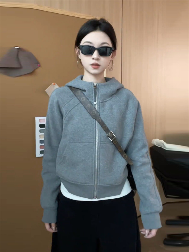 灰色卫衣外套女春秋2025新款韩系时尚小个子短款连帽拉炼开衫上衣