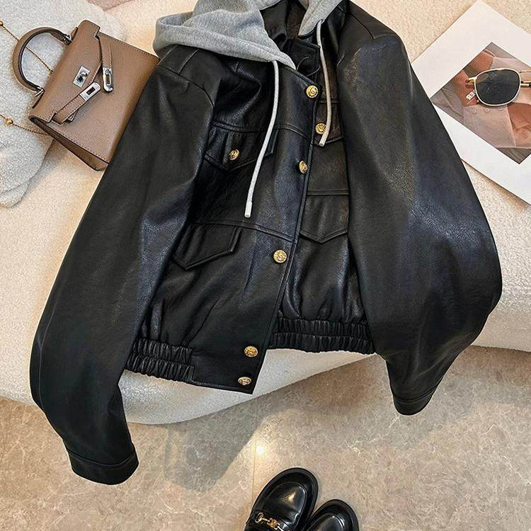 黑色假两件皮衣外套女春秋2025新款休闲覆古机车服连帽皮夹克上衣