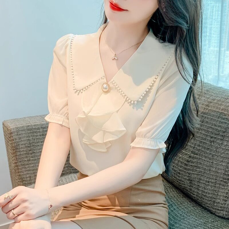 雪纺衬衫女短袖2026新款夏季薄款时尚气质娃娃领衬衣洋气小衫上衣