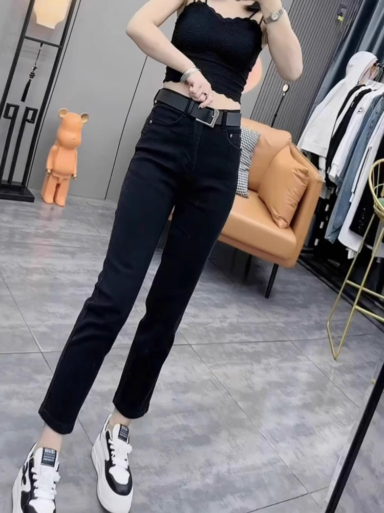 黑色直筒牛仔裤女2025新款夏季薄款高腰显瘦九分小个子法棍烟管裤