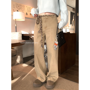 拖地裤 孔一粒 宽松高腰直筒裤 复古配腰带卡其色牛仔裤 女秋冬季