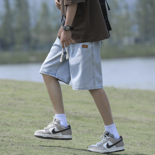 男夏季 休闲宽松直筒五分裤 新款 休闲中裤 美式 浅蓝色松紧腰牛仔短裤