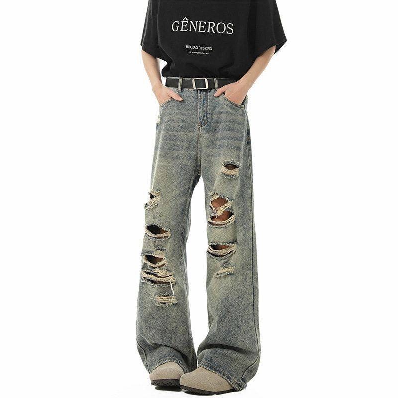 复古水洗破洞做旧牛仔裤