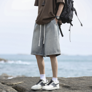 休闲中裤 浅蓝色牛仔短裤 薄款 夏季 男港风潮牌松紧腰宽松直筒五分裤