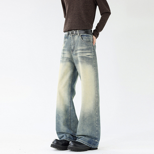 宽松潮流休闲百搭微喇长裤 男女春季 2021M水洗猫须牛仔裤 重磅美式