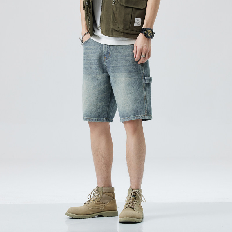 美式工装牛仔短裤男生夏季复古潮流高街痞帅五分裤青少年水洗中裤