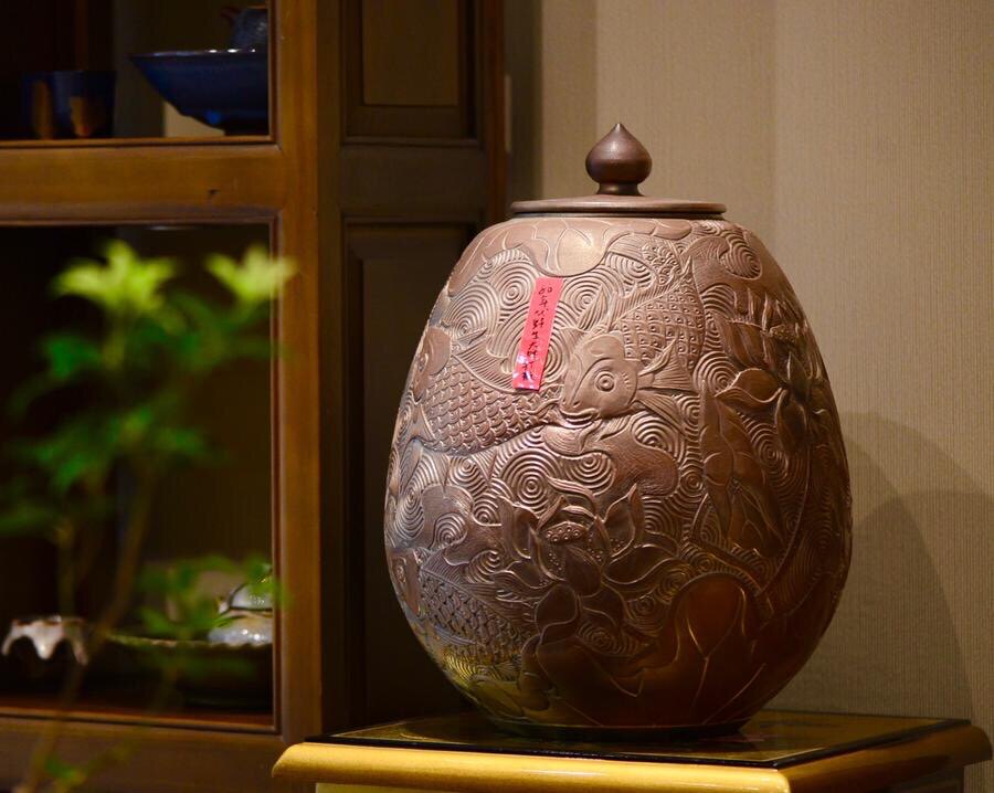 博茶堂台湾黄文煜手刻荷花鲤鱼柴烧陶土大茶仓茶叶罐包邮茶具