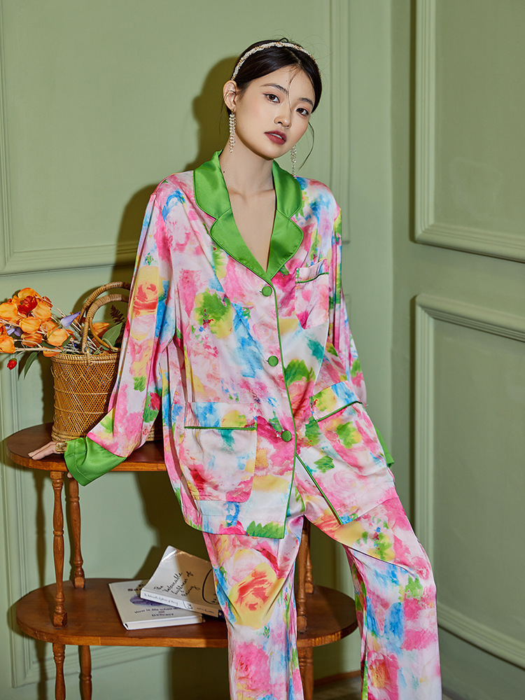 2023春秋新款撒丁岛玫瑰高级感冰丝女式可外穿睡衣家居服两件套装