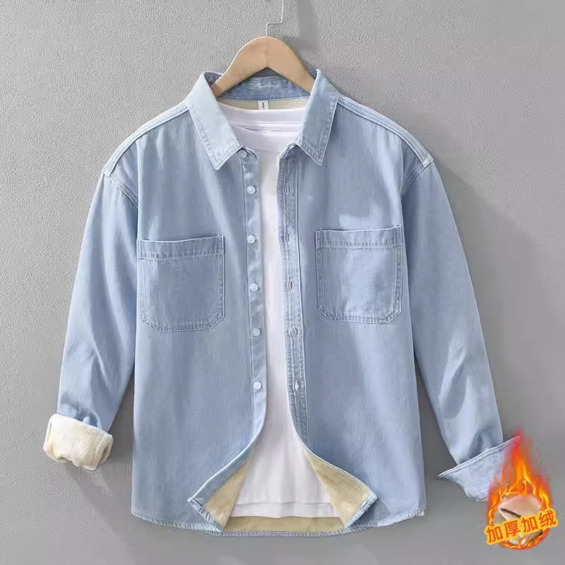 加绒加厚牛仔长袖衬衫男士秋冬季新款复古工装保暖纯棉衬衣外套潮