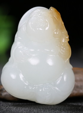 久龙玉器】收藏级高白且末糖和田羊脂玉吊坠和田玉挂件笑佛26.531